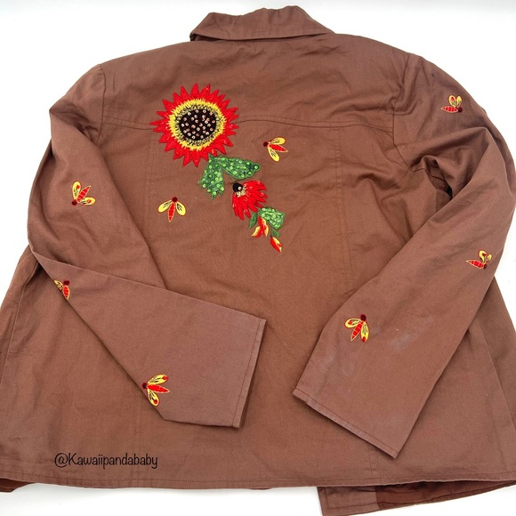 VTG 90s Tapestry Patch Brown Sequin Embroidered Sunflower Shirt Jacket Shacket - Picture 4 of 4